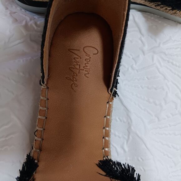 Crown Vintage Bonire 2 Women’s Sz 8.5 Black/Tan Sandal Ankle Strap Fringe Burlap - Picture 7 of 9